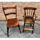 AN ELM AND BEECH CHILDS HIGH CHAIR and an elm seat Windsor dining chair on turned supports with H-