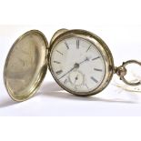 A SILVER FULL HUNTER POCKET WATCH anonymous white enamel dial, black Roman numerals, sub dial, the