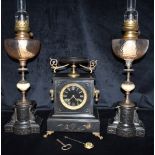 A VICTORIAN THREE PIECE SLATE CLOCK AND OIL LAMP GARNITURE the clock with 8-day French movement