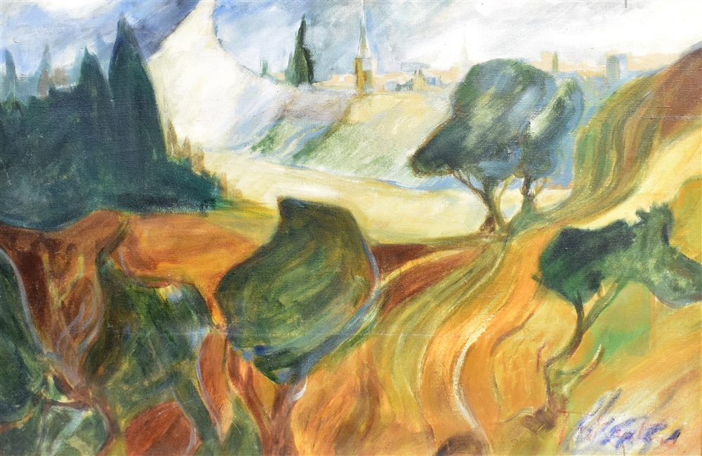 TOM KEATING (1917-1984) Landscape with spires in background Oil on canvas Signed lower left,