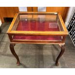 A MAHOGANY BIJOUTERIE TABLE on cabriole supports, 58cm x 46cm, 61cm high Condition Report : good