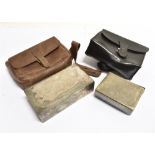 A RECTANGULAR PLATED SANDWICH TIN, 10cm w x 7.5cm h in a limp leather case for saddle mounting and