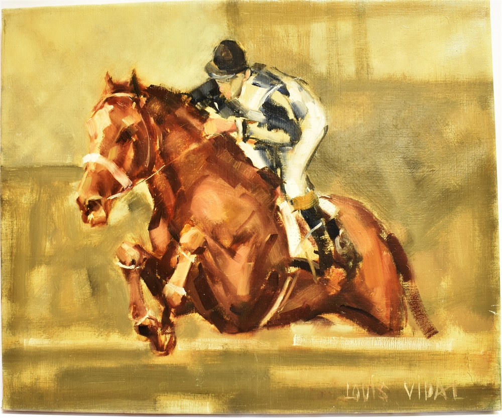 LOUIS VIDAL (FRENCH) Race horse and jockey taking a fence, oil on canvas, signed lower right, 45 x