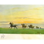 AFTER JOHN KING - EARLY MORNING EXERCISE ON THE DOWNS, colour print, signed in pencil with an