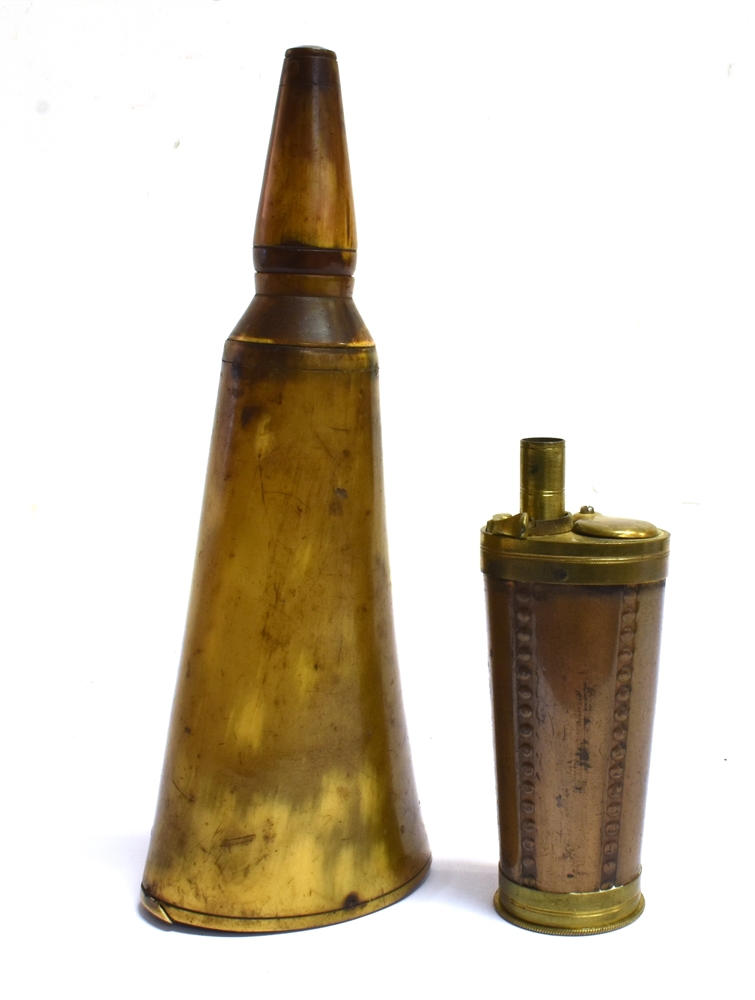 A HORN POWDER FLASK of tapering outline and a copper oval flask with brass mounts (2), the horn - Image 2 of 3