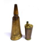A HORN POWDER FLASK of tapering outline and a copper oval flask with brass mounts (2), the horn