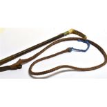 A GENT'S HUNTING WHIP with antler grip, plated collar, plaited shaft and leash with lash