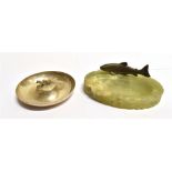 A GREEN ONYX ASHTRAY with realistically modelled and cold painted bronze of a brown trout, 15cm L