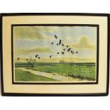 AFTER SIR PETER SCOTT Geese in flight over wetlands, colour print, published by Arthur Ackermann &