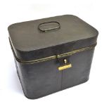 A BLACK PAINTED TIN HAT BOX With carrying handle and fastening clasp, width 35.5cm, depth 26cm,
