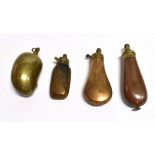 FOUR MINIATURE POWDER FLASKS of assorted designs and with brass mounts, the largest length 14cm (4)