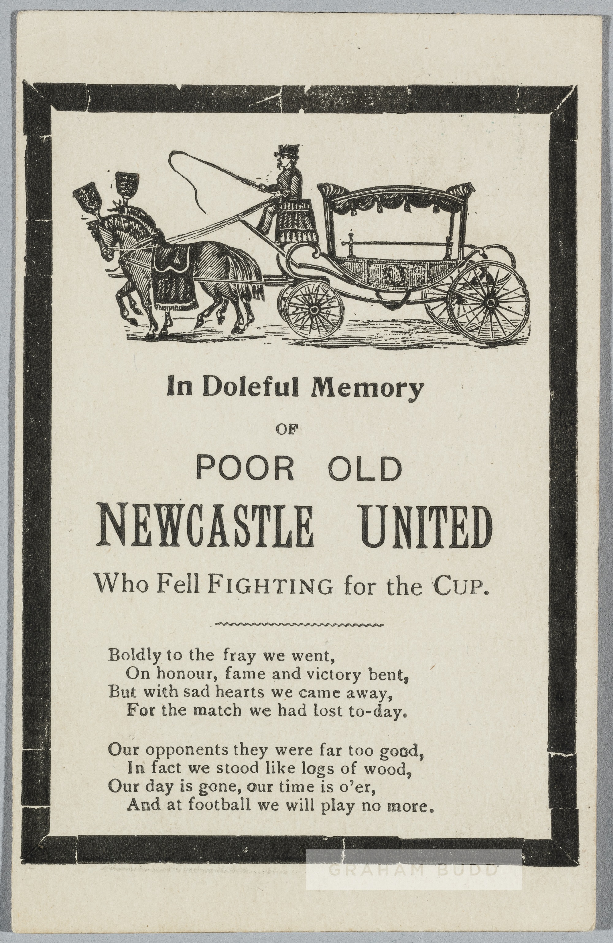 "In doleful memory of poor old Newcastle United who fell fighting for the cup" printed postcard,