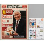 FOOTBALL - Sir Matt Busby 80th birthday newspaper and 80th birthday FDC both in very good condition,