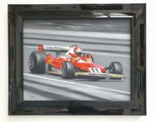 Niki Lauda original oil painting by Ben Payne,  “Lauda, Faster….!”  is an original 24 x 18 inch