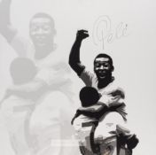 A Pele signed print on canvas featuring his iconic goal celebration image from the 1970 World Cup,
