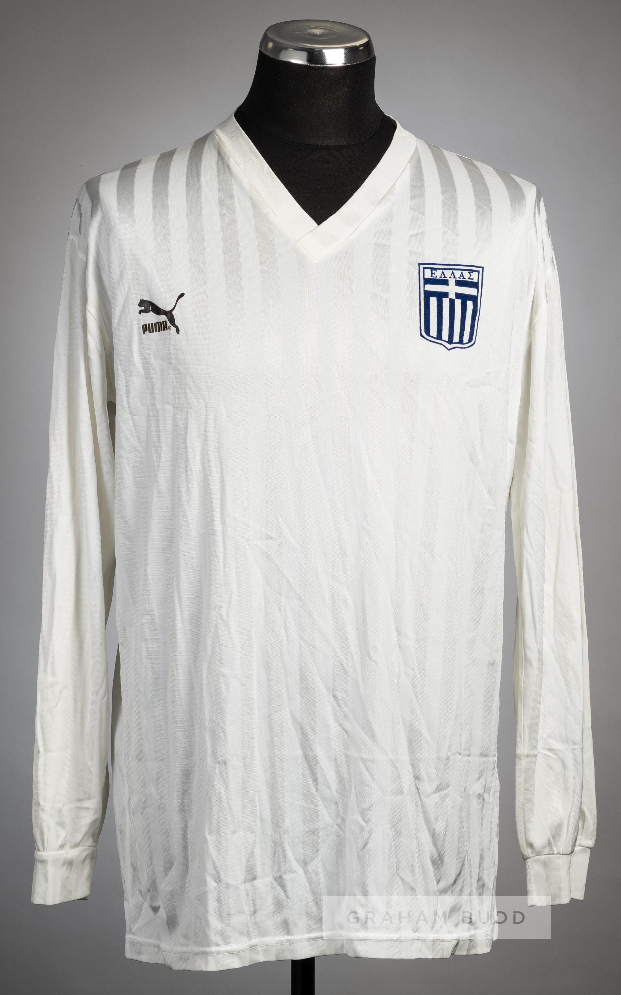 White Greece no.8 jersey, circa 1987, Puma, long-sleeved, with country emblem and Puma logo, reverse