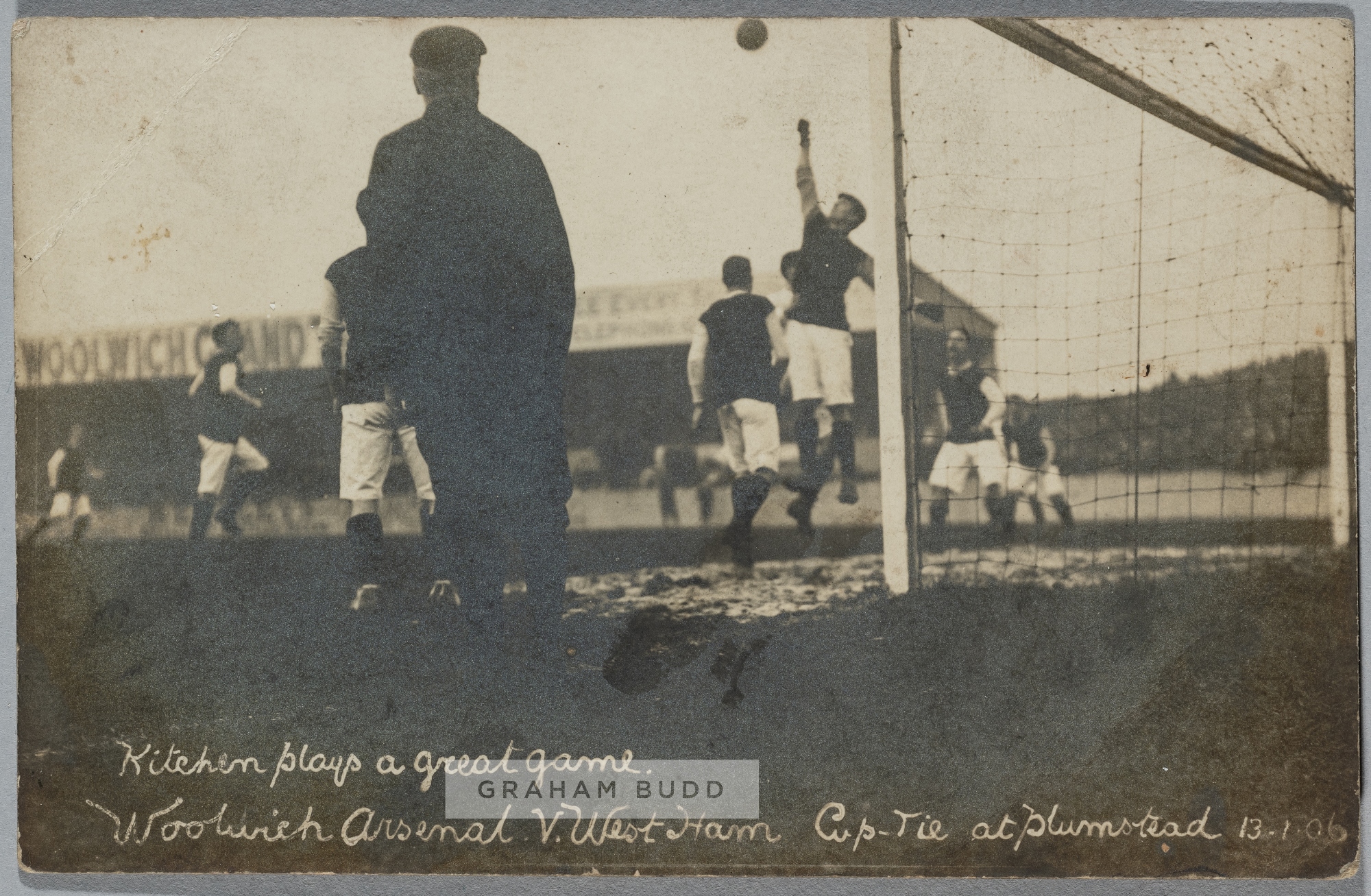 Woolwich Arsenal v West Ham United cup tie at Plumstead, 13th January 1906 b & w postcard, titled "