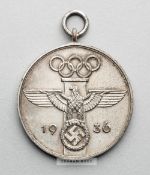 1936 Berlin Olympic Games Commemorative Merit medal, white metal, obverse with Olympic rings, spread