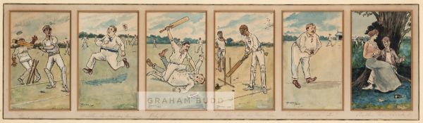 A series of six cricketing caricatures by W Dodds, circa 1905. Pen, ink and watercolour, five