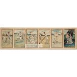 A series of six cricketing caricatures by W Dodds, circa 1905. Pen, ink and watercolour, five