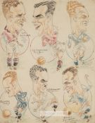 Six original caricatures of legendary footballers, circa 1930s, comprising a pencil and crayon