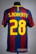 Sergi Roberto red & blue striped FC Barcelona No.28 home jersey, season 2010-11, Nike, short-sleeved