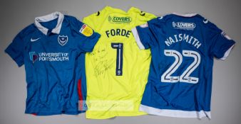 Three signed Portsmouth FC jersey's, comprising Ellis Harrison blue and white no.10 home jersey,