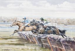 A watercolour by David Trundley portraying the Stan Mellor-trained Charlie Muddle winning over