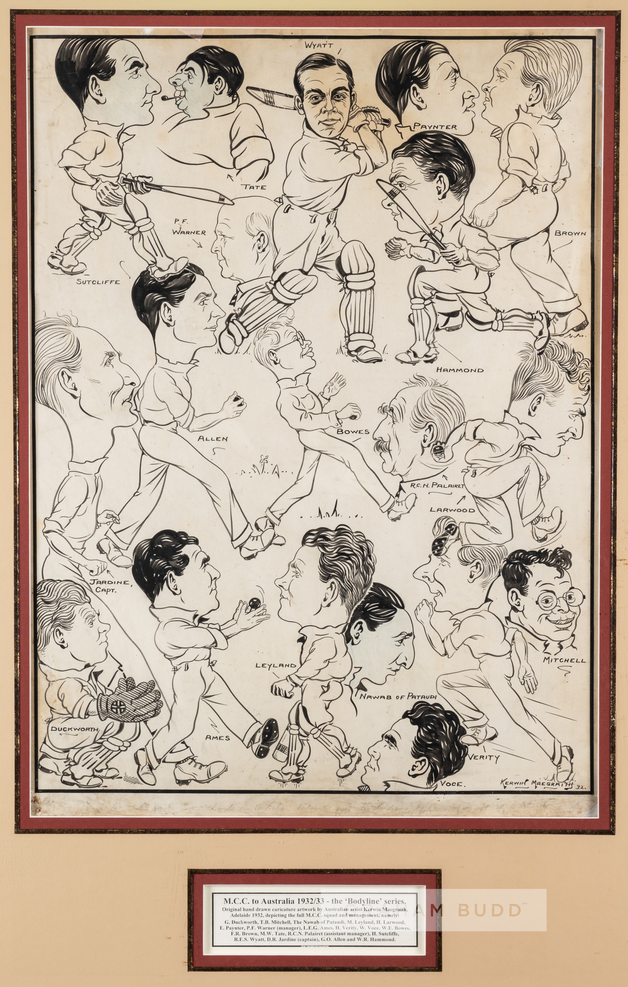 Kerwin Maegraith (Australian, 1903-70) original bodyline caricature artwork of the M.C.C. squad