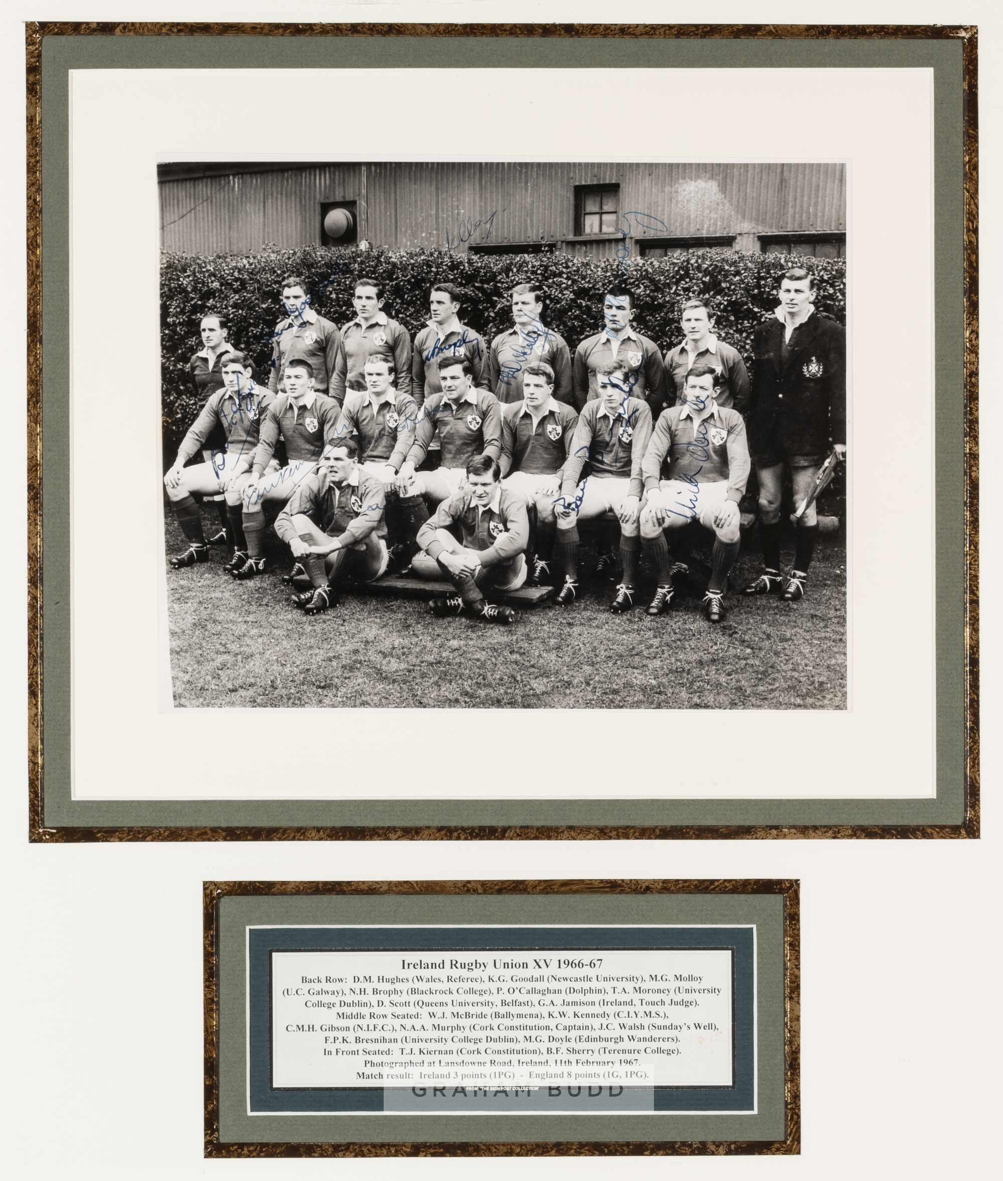 Signed Ireland Rugby Union XV 1966-67 b&w photograph taken prior to the fixture v England at
