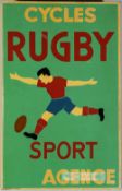 French metal advertising shop sign "Cycles, Rugby, Sport Agence", circa 1960s, the green painted