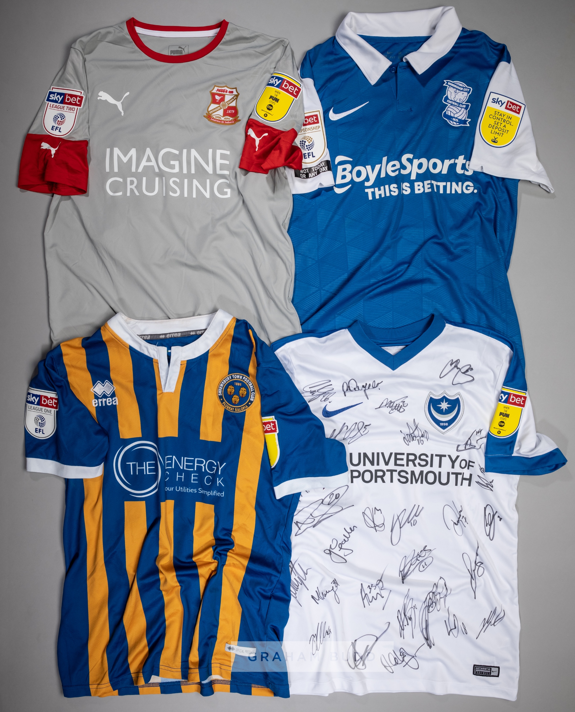 Four EFL players' jerseys, comprising a Joe Mason squad signed white Portsmouth no.14 away jersey,