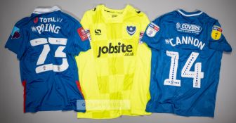 Three signed Portsmouth FC jersey's, comprising Andy Cannon blue and white no.14 home jersey, season