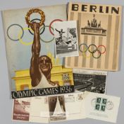 Berlin 1936 Olympic Games b&w photographs, postcards, lapel badge, official booklets, comprising