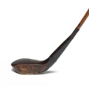 Tom Morris scare-neck long-nosed brassie circa 1880s, dark-wood head marked ‘T. MORRIS’ with lead