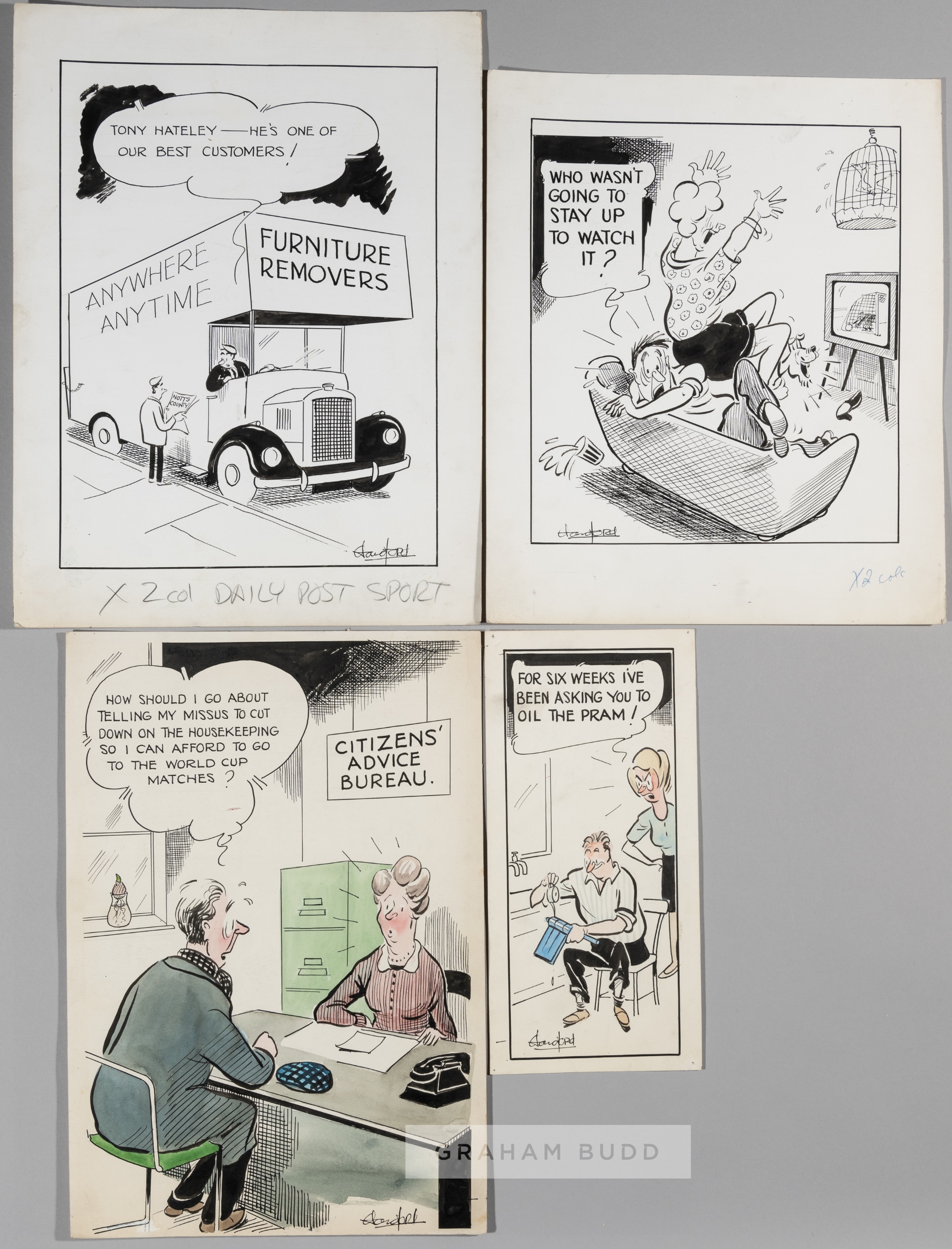 Four football-related cartoon artist's story board proofs for the Liverpool Daily and Evening