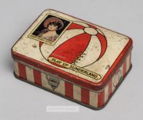 Dainty Dinah Toffee "Play Up Sunderland" tin, circa 1900s, with red and white striped decoration,