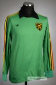 Green Belgium no.1 goalkeeper's jersey, circa 1970s, Adidas, long-sleeved, with national emblem