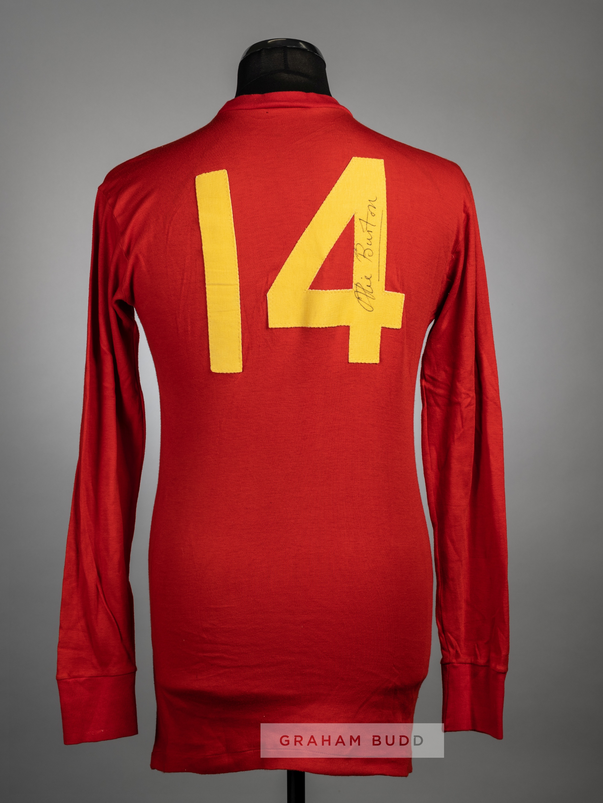Ollie Burton signed red Wales No.14 home jersey, circa 1970s, long-sleeved, reverse numbered 14,