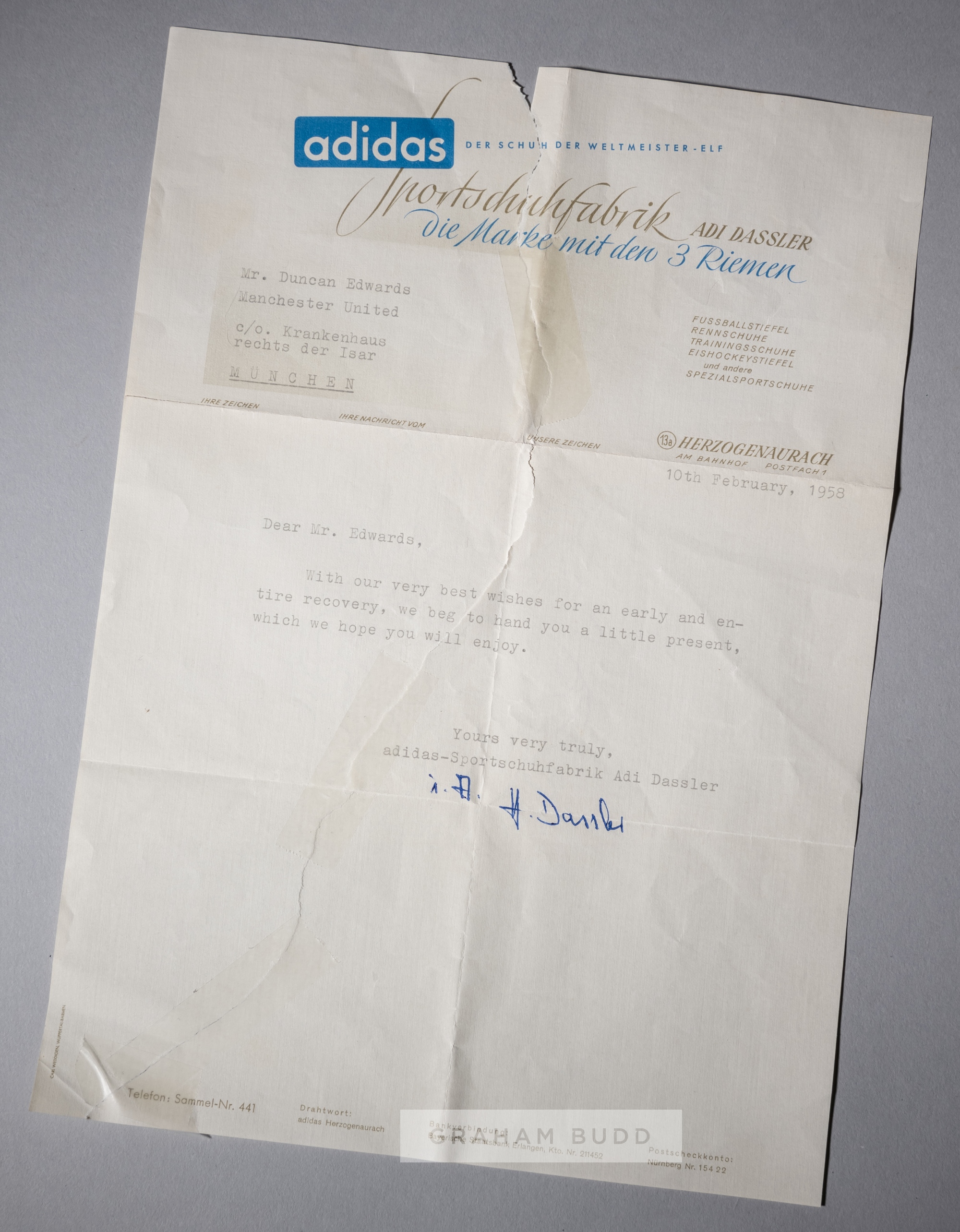 A signed typescript letter from Adi Dassler founder of Adidas sportswear to Duncan Edwards of