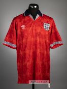 Gary Stevens signed red England no.2 away jersey, 1990s, Umbro, short-sleeved with embroidered