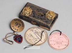 An unusual group of racecourse badges, comprising a rare cased matched pair of Sandown Park gilt-