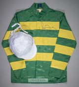 A set of Sir Anthony McCoy signed silks in the colours of J.P. McManus, the green and yellow