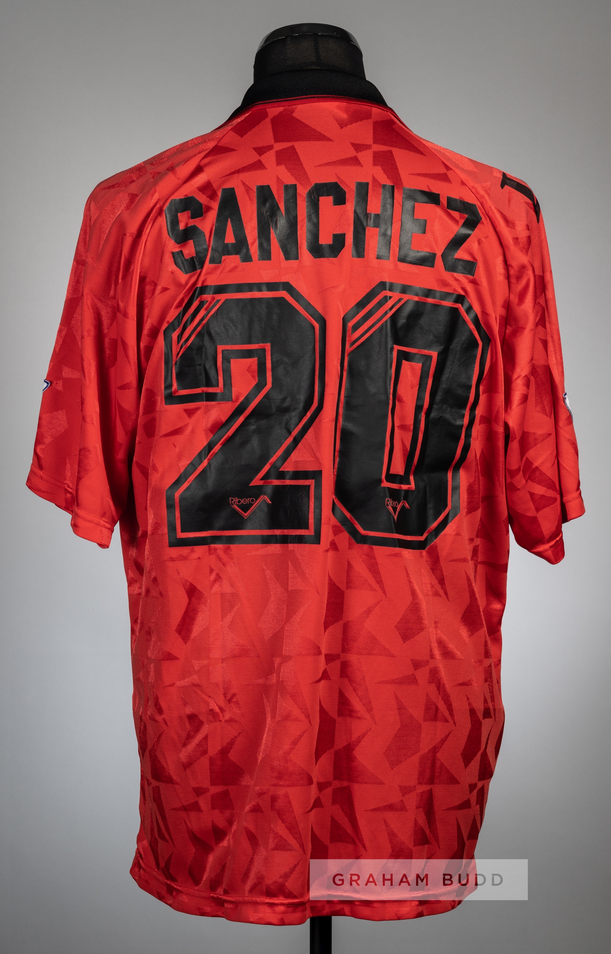 Lawrie Sanchez signed red Wimbledon no.20 away jersey, season 1993-94, Ribero, short-sleeved with