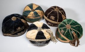 Five sporting representative caps dating between 1905-06 and 1931-32  comprising brown velvet cap