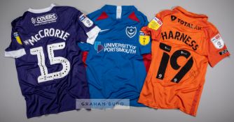 Three signed Portsmouth FC jersey's, comprising Marcus Harness orange no.19 third change jersey,