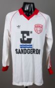 White and red Reynir Sandgeroi no.4 jersey, circa 1980s, Adidas, long-sleeved with club crest and