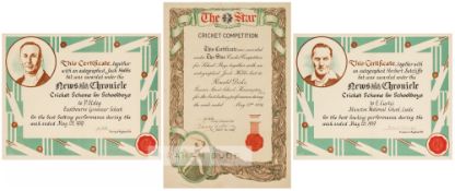 The Star cricket competition for school boys certificate awarded to Ronald Dicks of Faunce Street