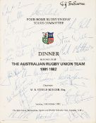 Signed Four Home Rugby Unions Tour Committee dinner menu held in honour of the Australian Rugby