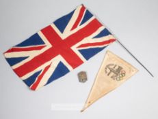 London 1948 Olympic Games lapel badge, car pennant and Great Britain flag, the lapel badge with